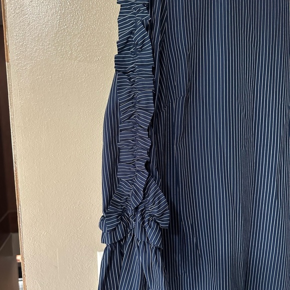 Luxology Navy and White Striped Ruffled Long Sleeve Knee Length Dress - Picture 6 of 7